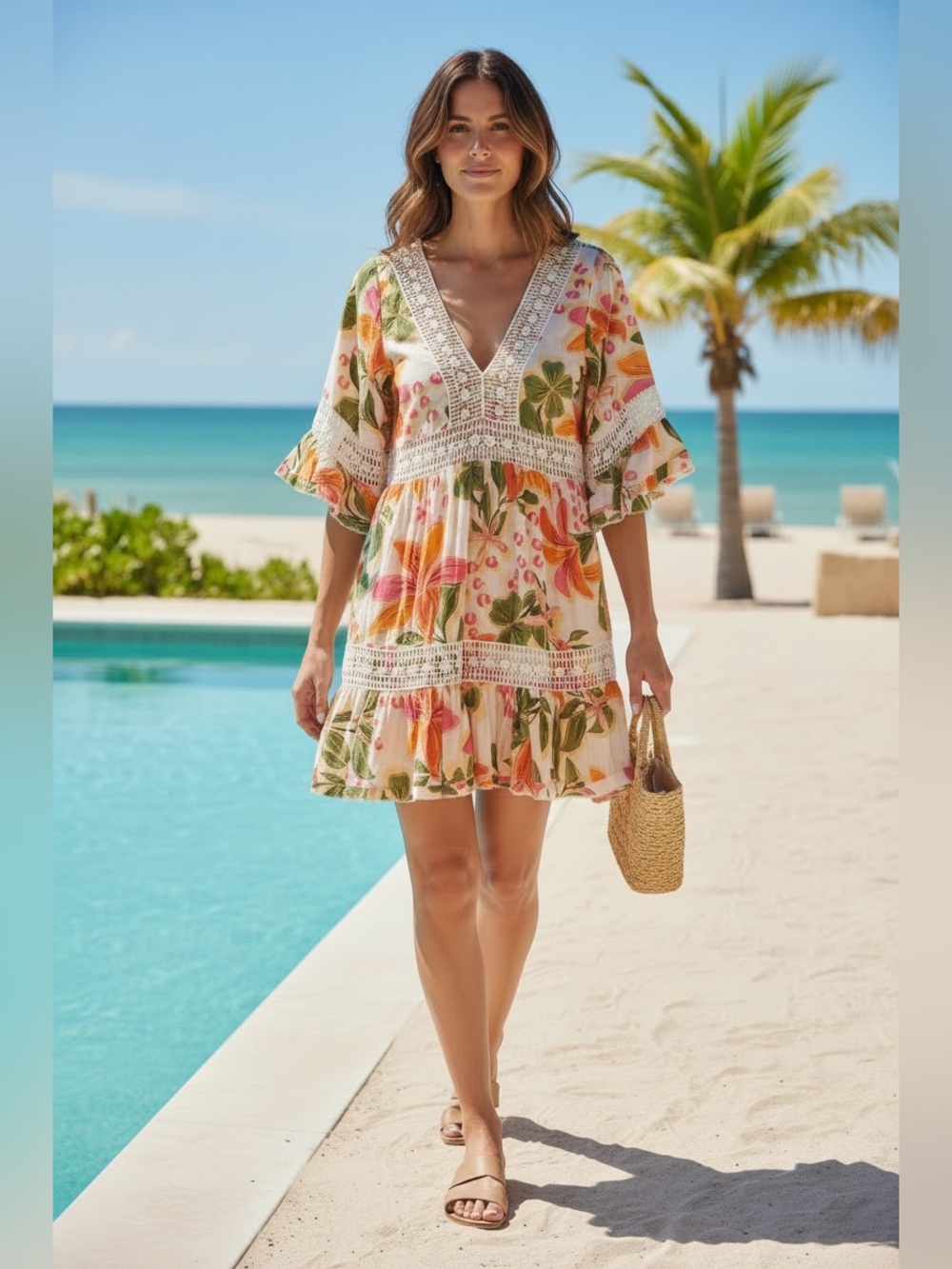 Z&L Tropical Floral Crochet Trim Mini Dress, Size Medium